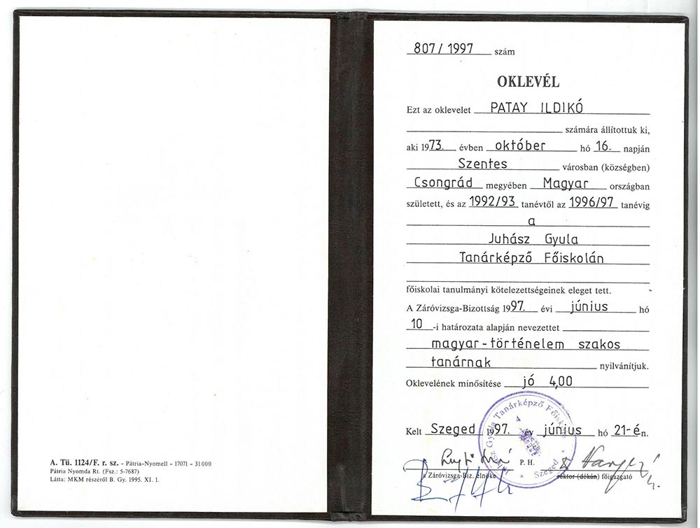 Patay Ildiko magyar tortenelem diploma